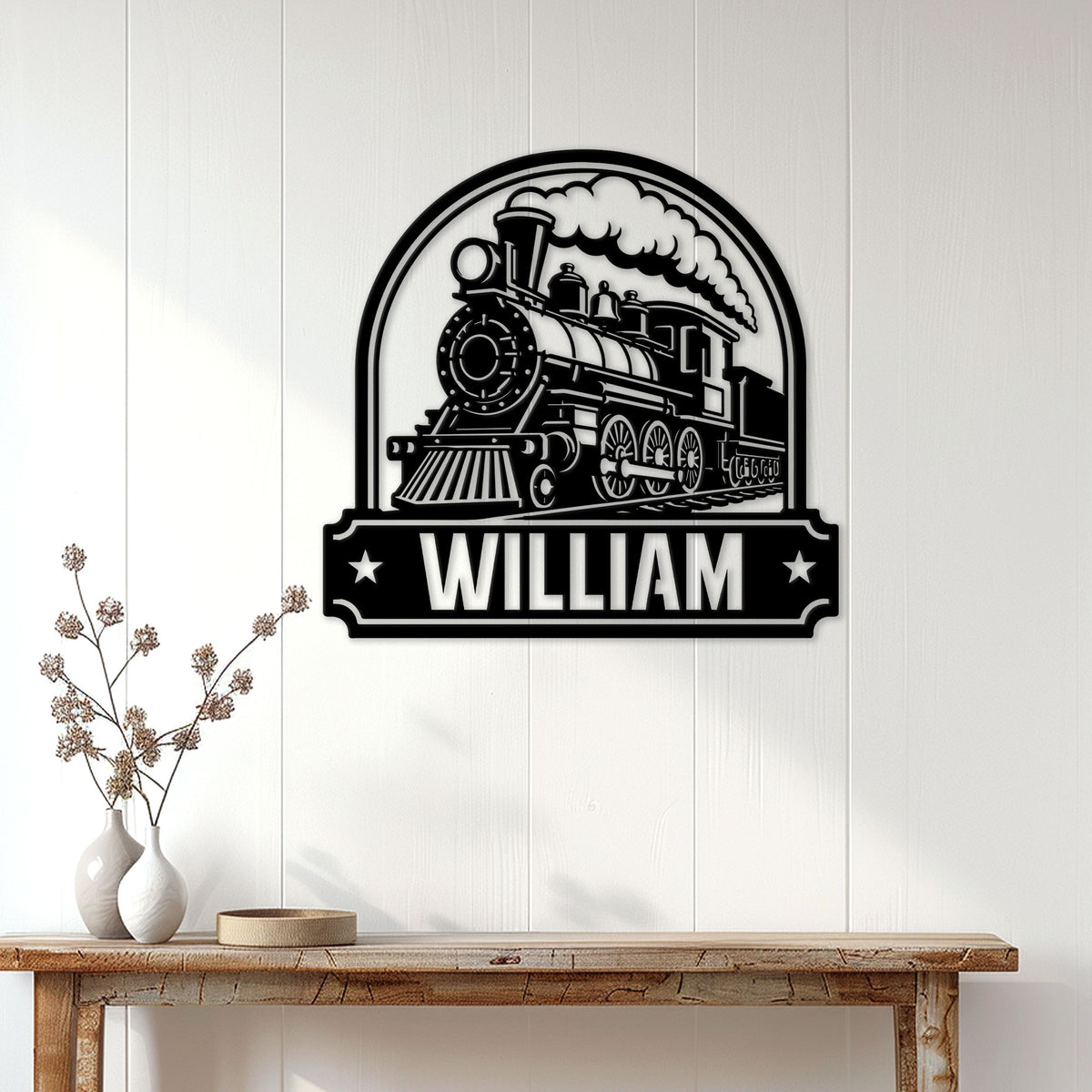 Railroader wall decor featuring a detailed steam train mounted on a bright paneled wall