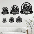 Steam train metal sign size guide showing six available square dimensions in a room setting