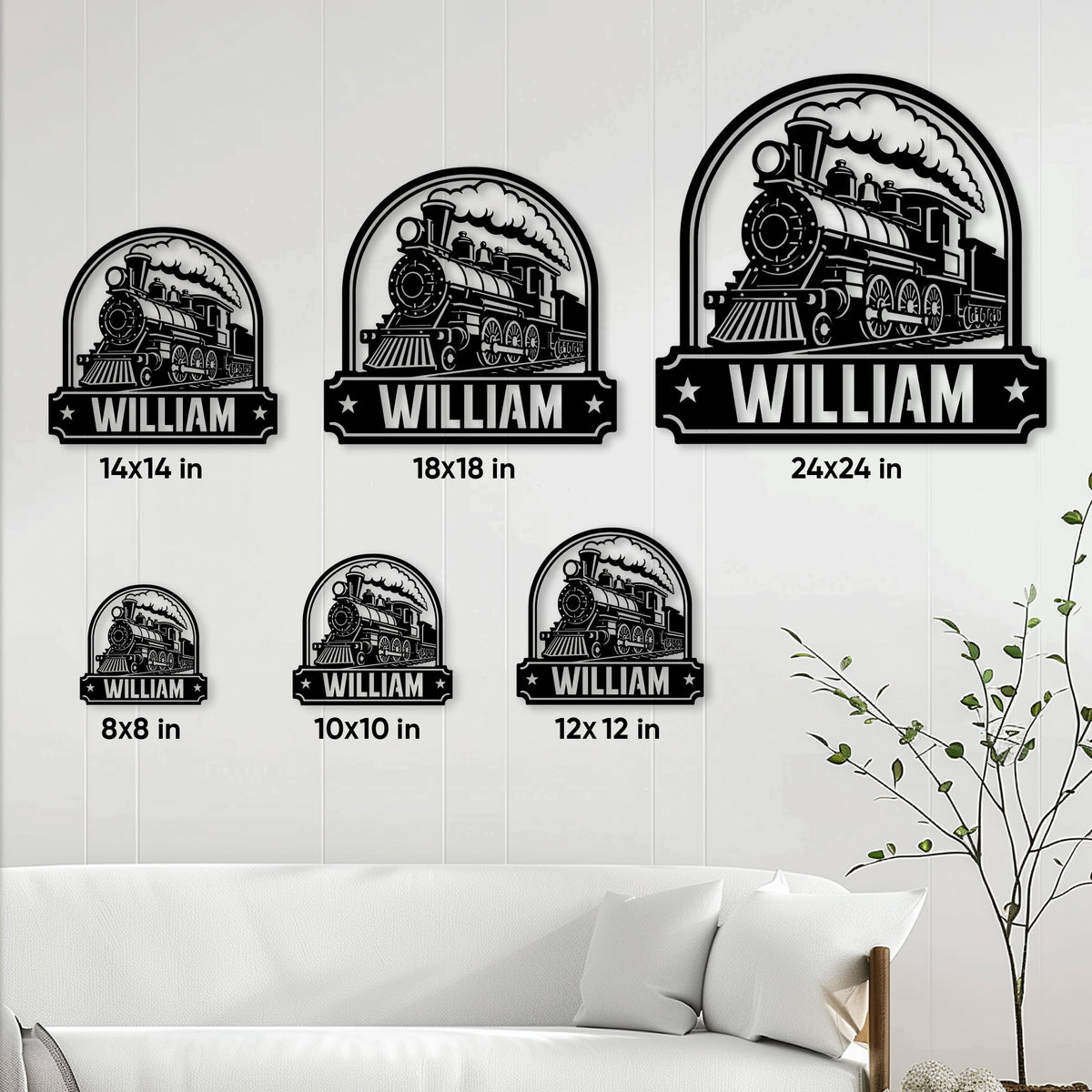 Steam train metal sign size guide showing six available square dimensions in a room setting