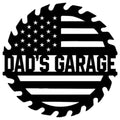 American flag garage metal sign with a saw blade border and bold workshop-inspired silhouette