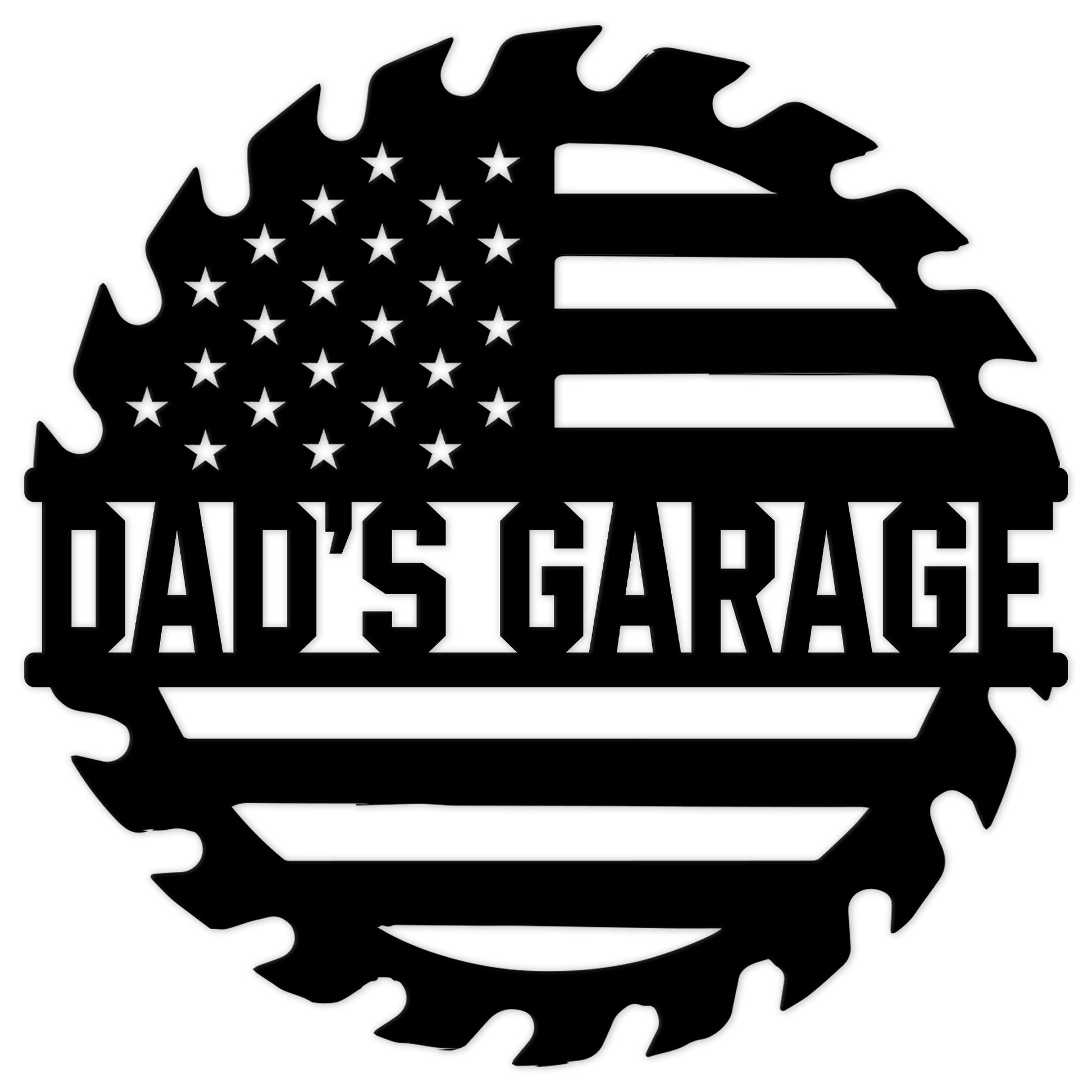 American flag garage metal sign with a saw blade border and bold workshop-inspired silhouette