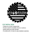 American flag garage sign shown in a cut metal construction and installation information graphic