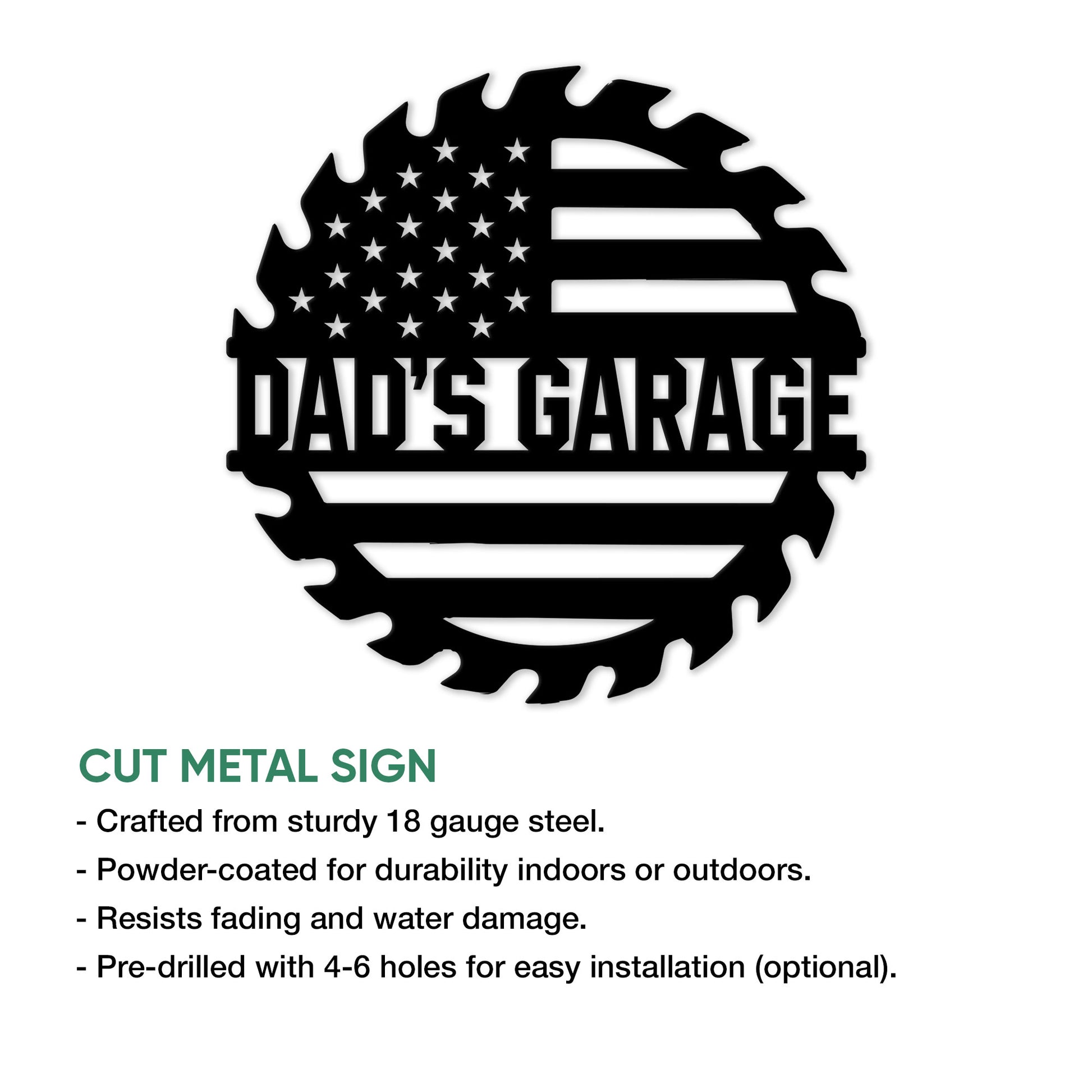American flag garage sign shown in a cut metal construction and installation information graphic