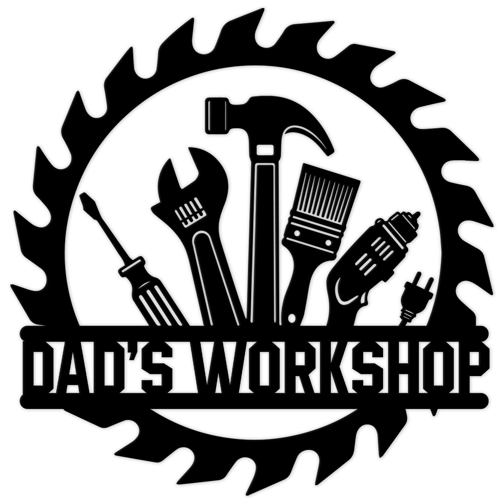 Black metal workshop sign featuring a circular saw blade, hammer, wrench, paintbrushes, screwdriver, and power tool