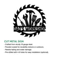 Workshop metal sign product infographic showing the tool-themed design and cut metal sign features