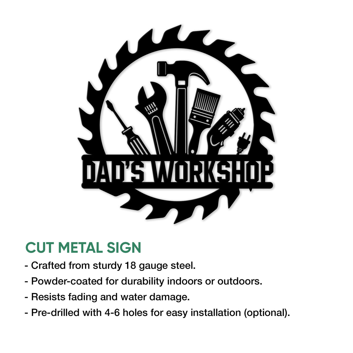 Workshop metal sign product infographic showing the tool-themed design and cut metal sign features