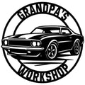 Bold black classic muscle car silhouette in a circular workshop emblem for garage wall decor