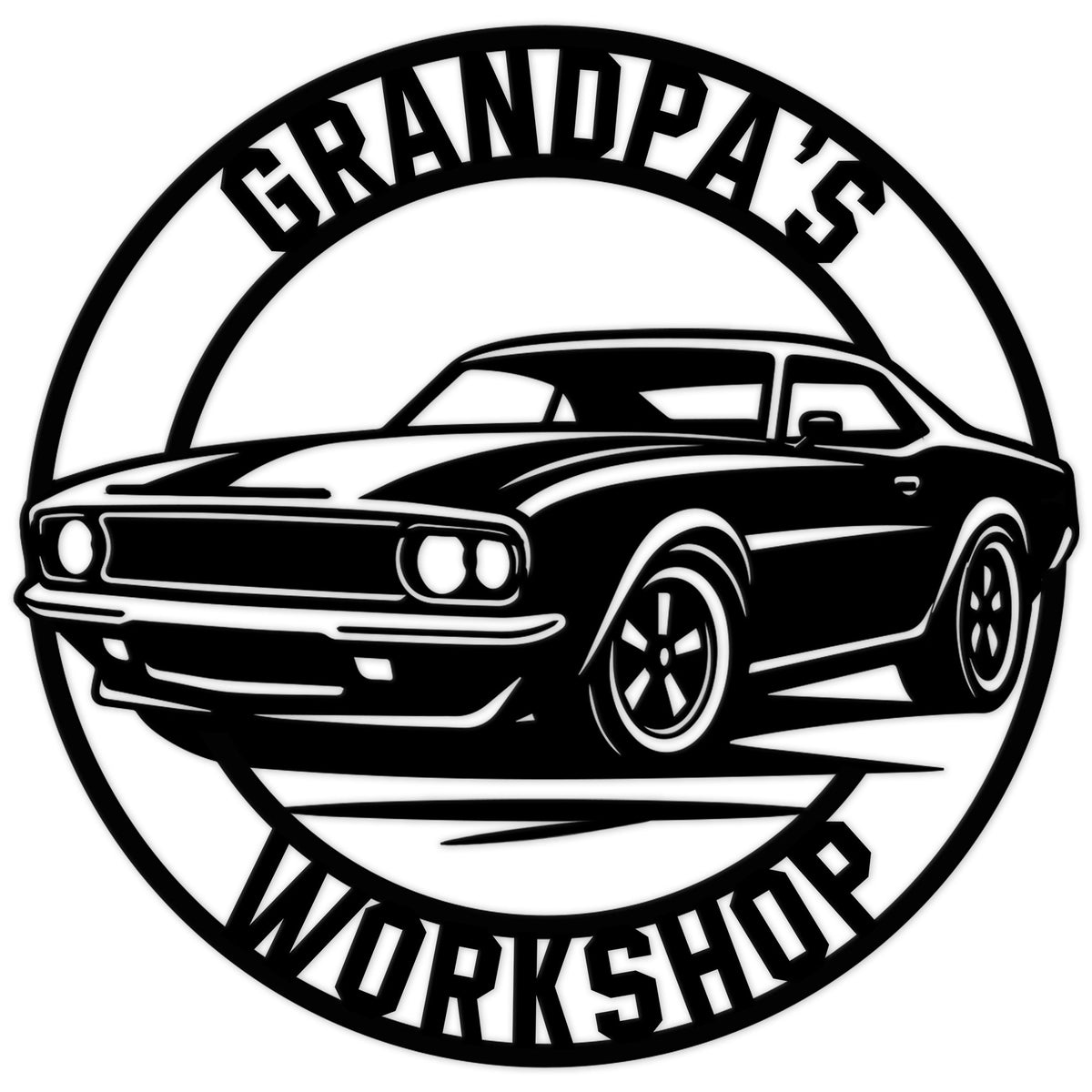 Bold black classic muscle car silhouette in a circular workshop emblem for garage wall decor