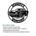 Classic muscle car workshop metal sign shown with a cut-metal sign features infographic