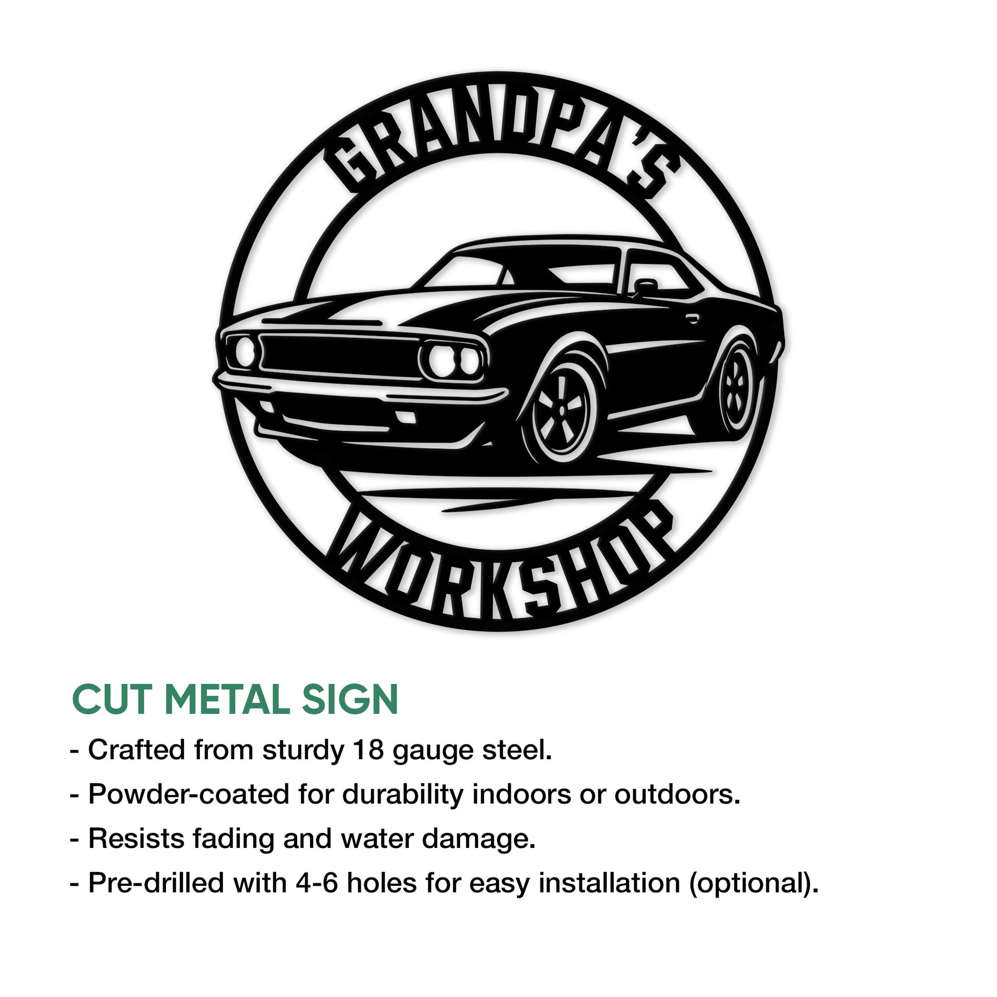 Classic muscle car workshop metal sign shown with a cut-metal sign features infographic
