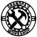 Custom workshop metal sign with crossed wrench and hammer inside a gear emblem