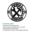 Workshop metal sign feature graphic showing crossed tools, gear detailing, and circular design