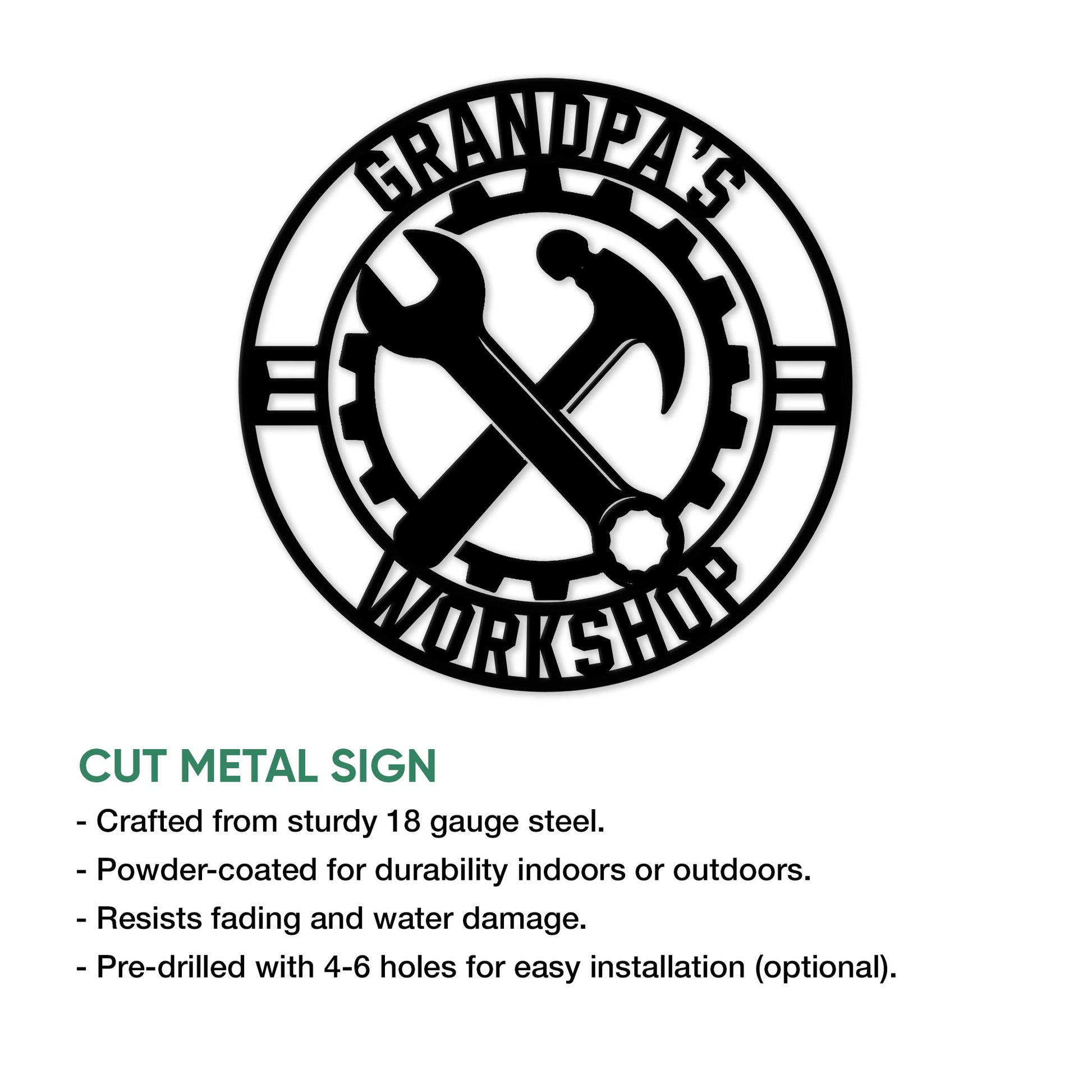 Workshop metal sign feature graphic showing crossed tools, gear detailing, and circular design