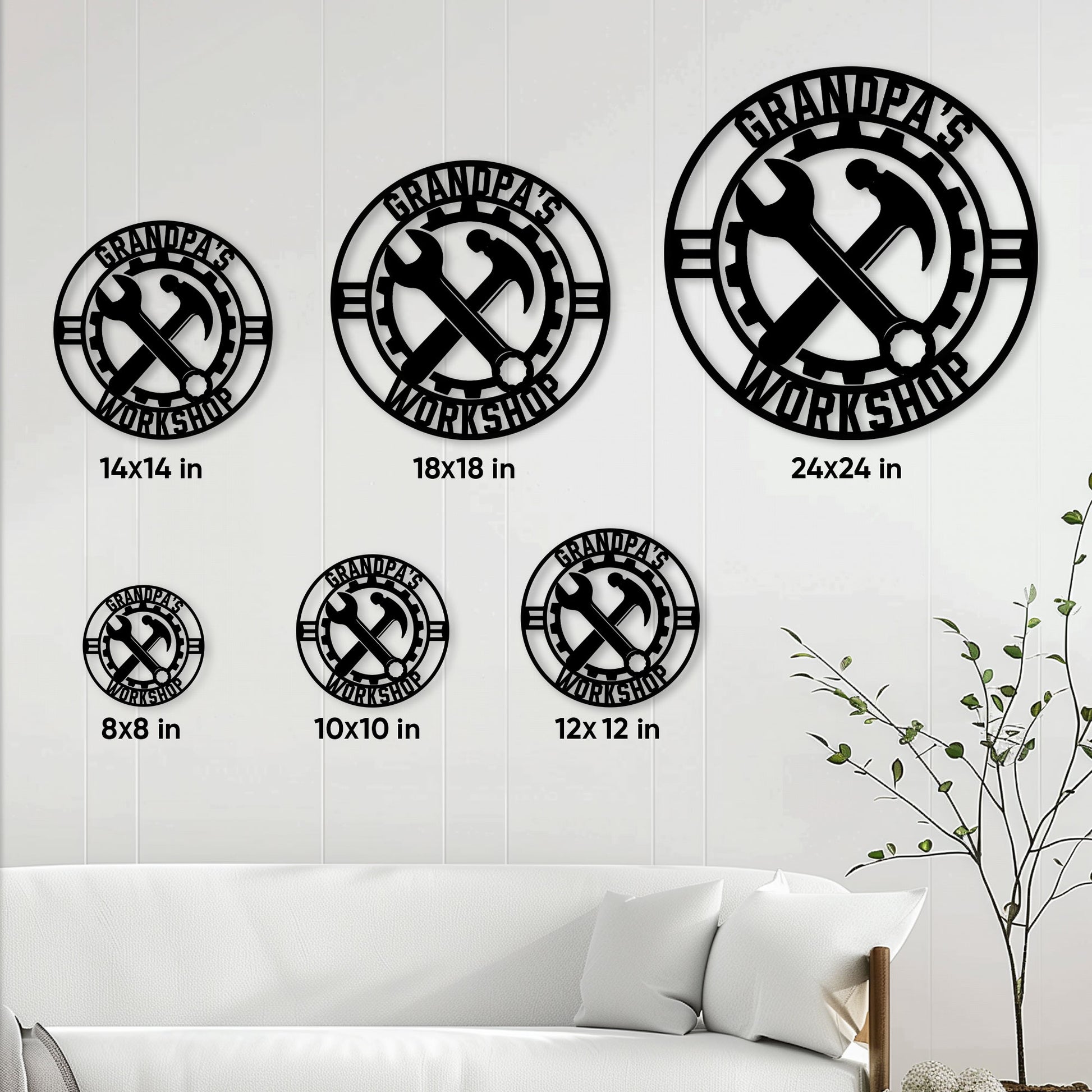 Workshop metal sign size guide showing round options from 8 by 8 to 24 by 24 inches
