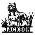 American Bully metal sign featuring a bold black-and-white dog portrait with grass accents