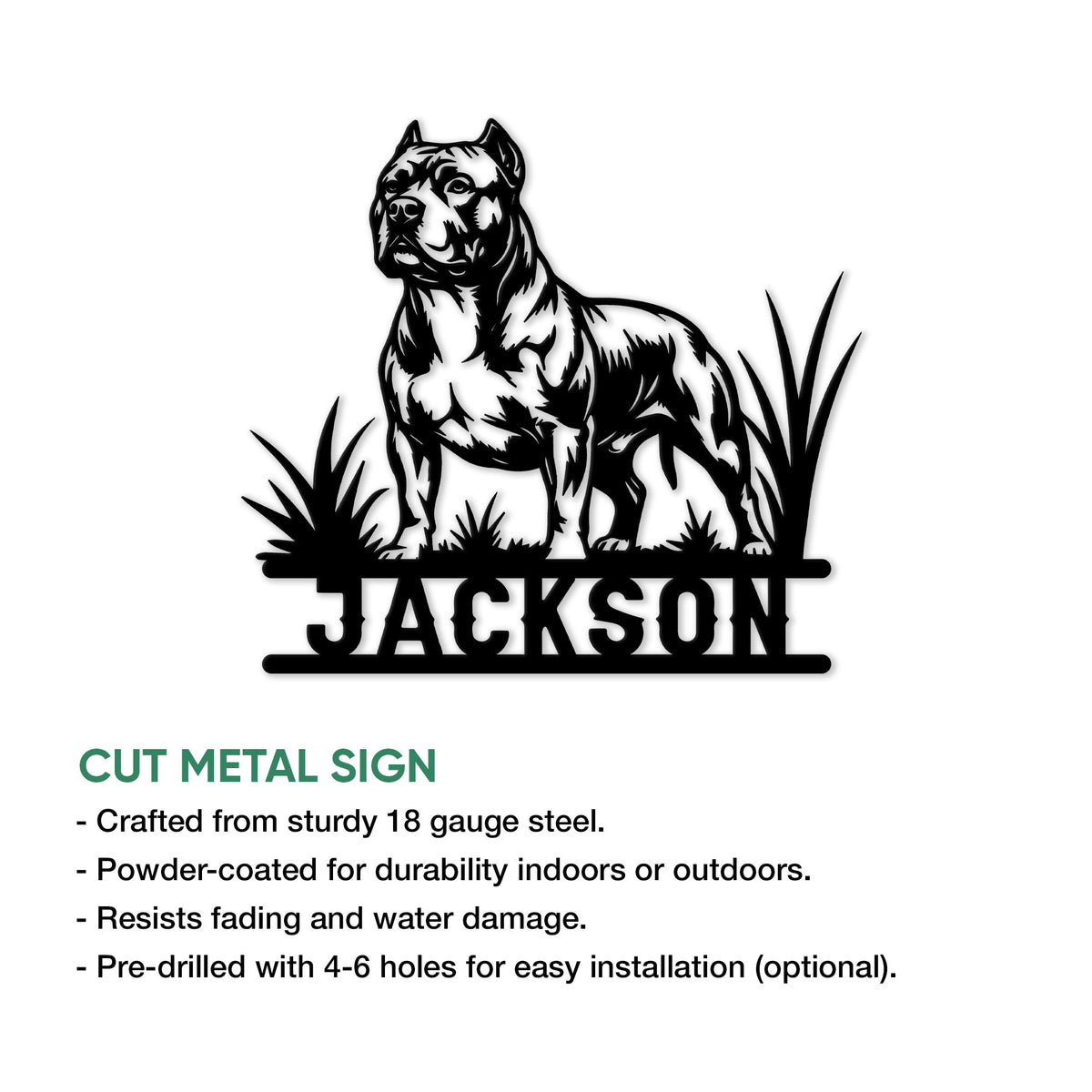Cut metal sign product graphic showing an American Bully dog silhouette and outdoor wall decor design