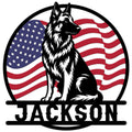 Belgian Shepherd metal sign featuring a seated black-and-white dog against a patriotic American flag design