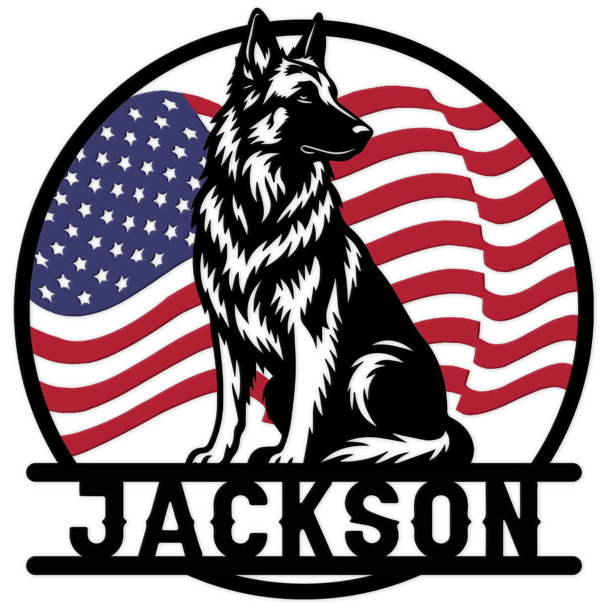 Belgian Shepherd metal sign featuring a seated black-and-white dog against a patriotic American flag design