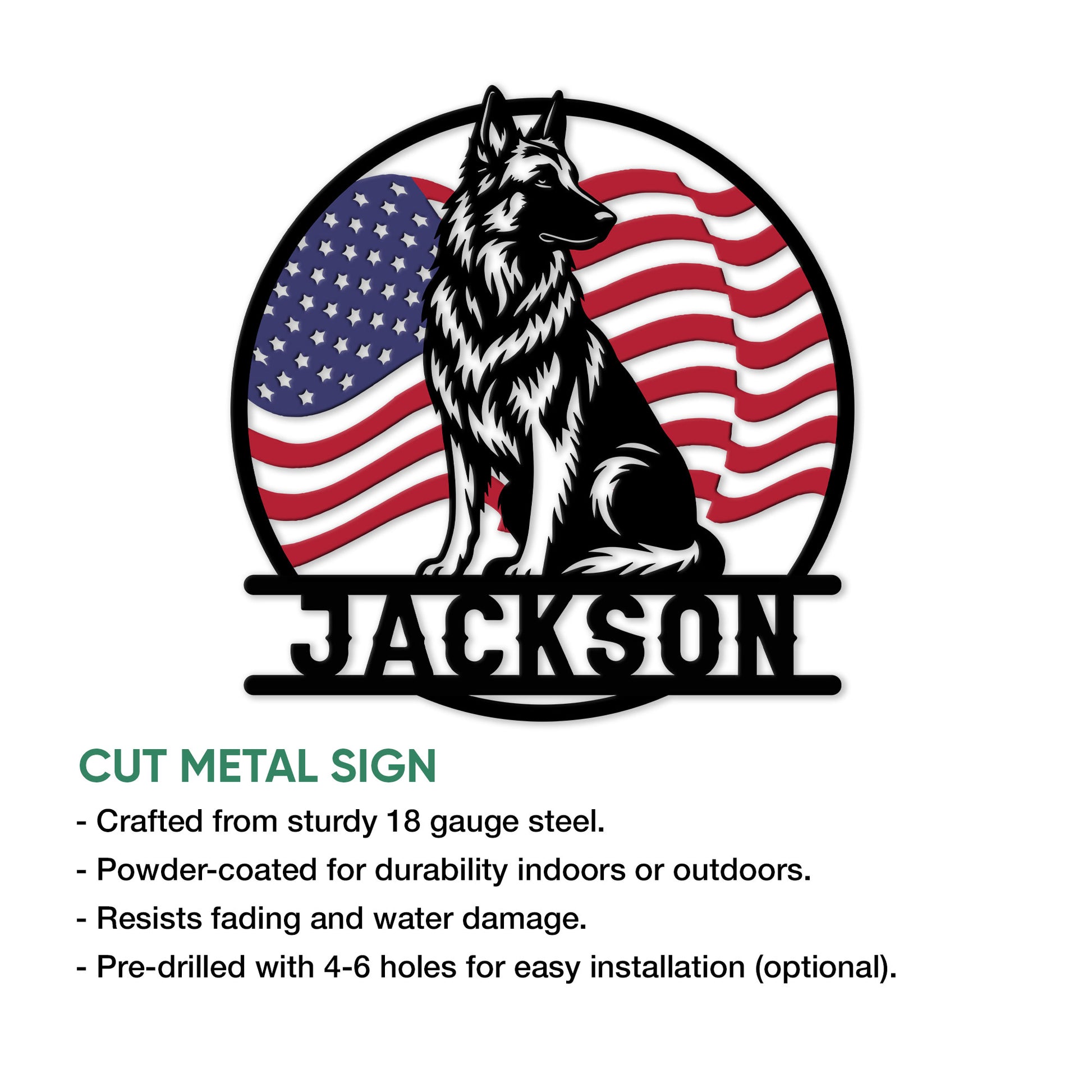 Belgian Shepherd metal sign feature graphic showing the patriotic dog artwork and product presentation details