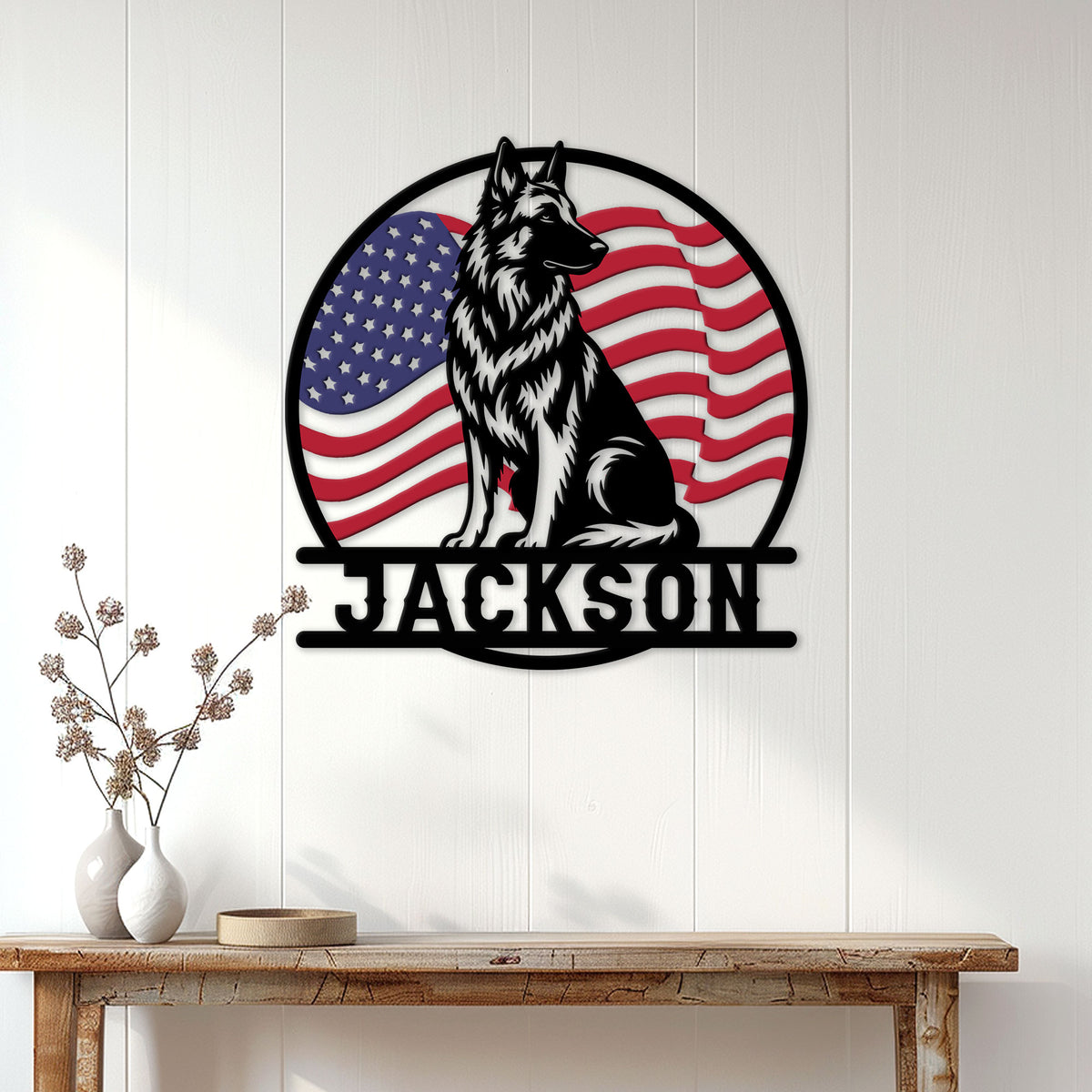 Belgian Shepherd wall sign displayed above a rustic console table in a bright home entryway