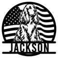 Custom English Cocker Spaniel metal sign featuring a seated dog against a patriotic American flag design