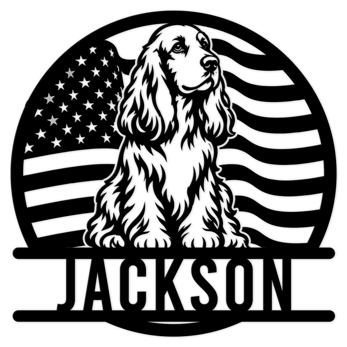 Custom English Cocker Spaniel metal sign featuring a seated dog against a patriotic American flag design