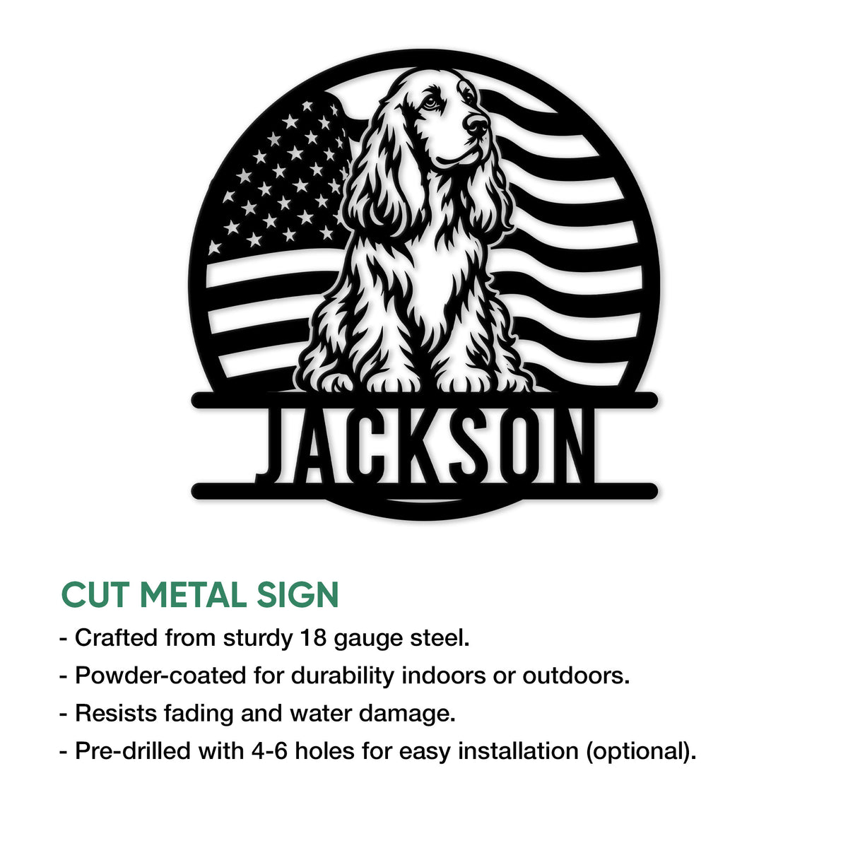 English Cocker Spaniel metal sign product guide showing the patriotic dog artwork and display features