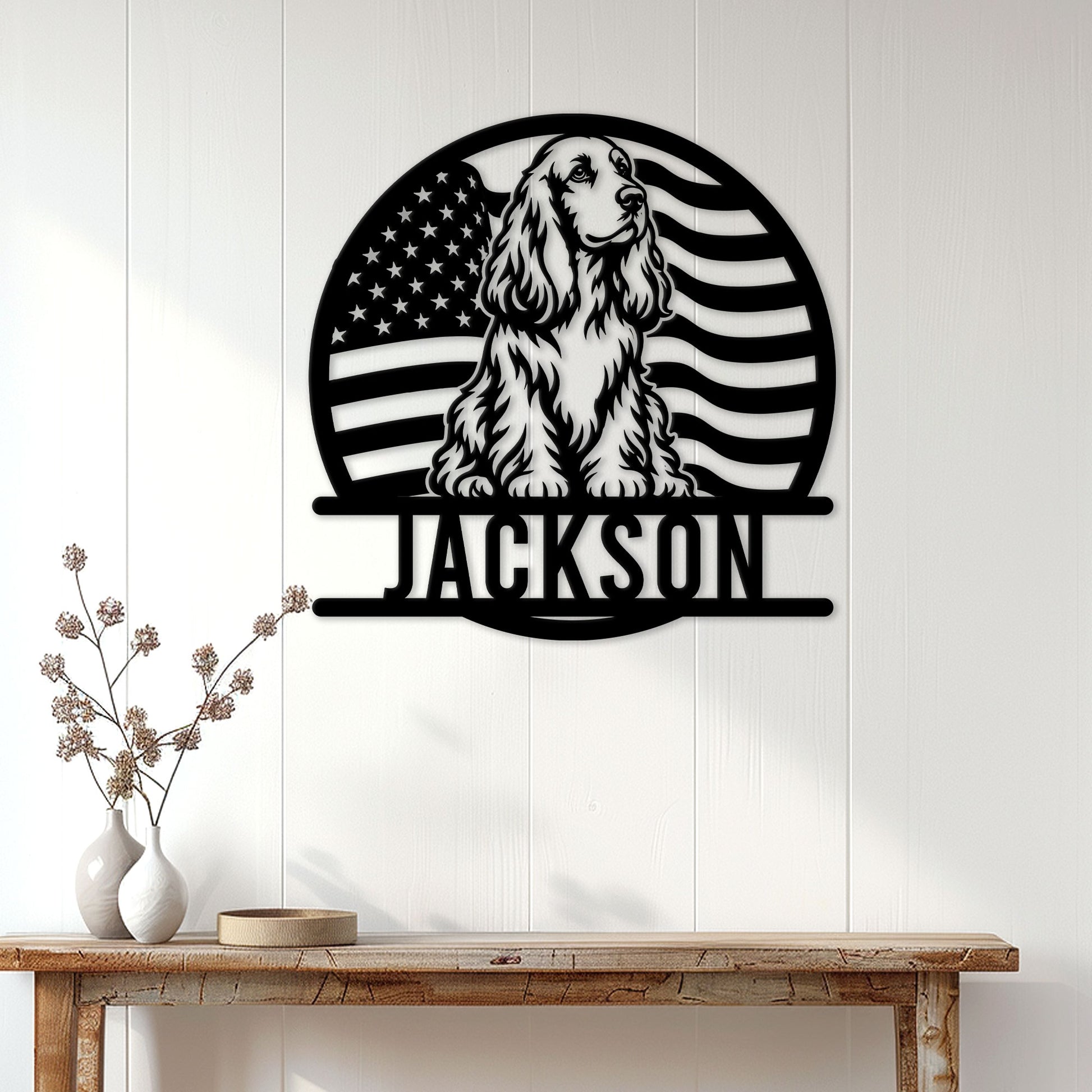 English Cocker Spaniel wall sign displayed above a console table in a bright home entryway