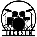 Custom drum set metal sign featuring a full drum kit silhouette in a circular frame