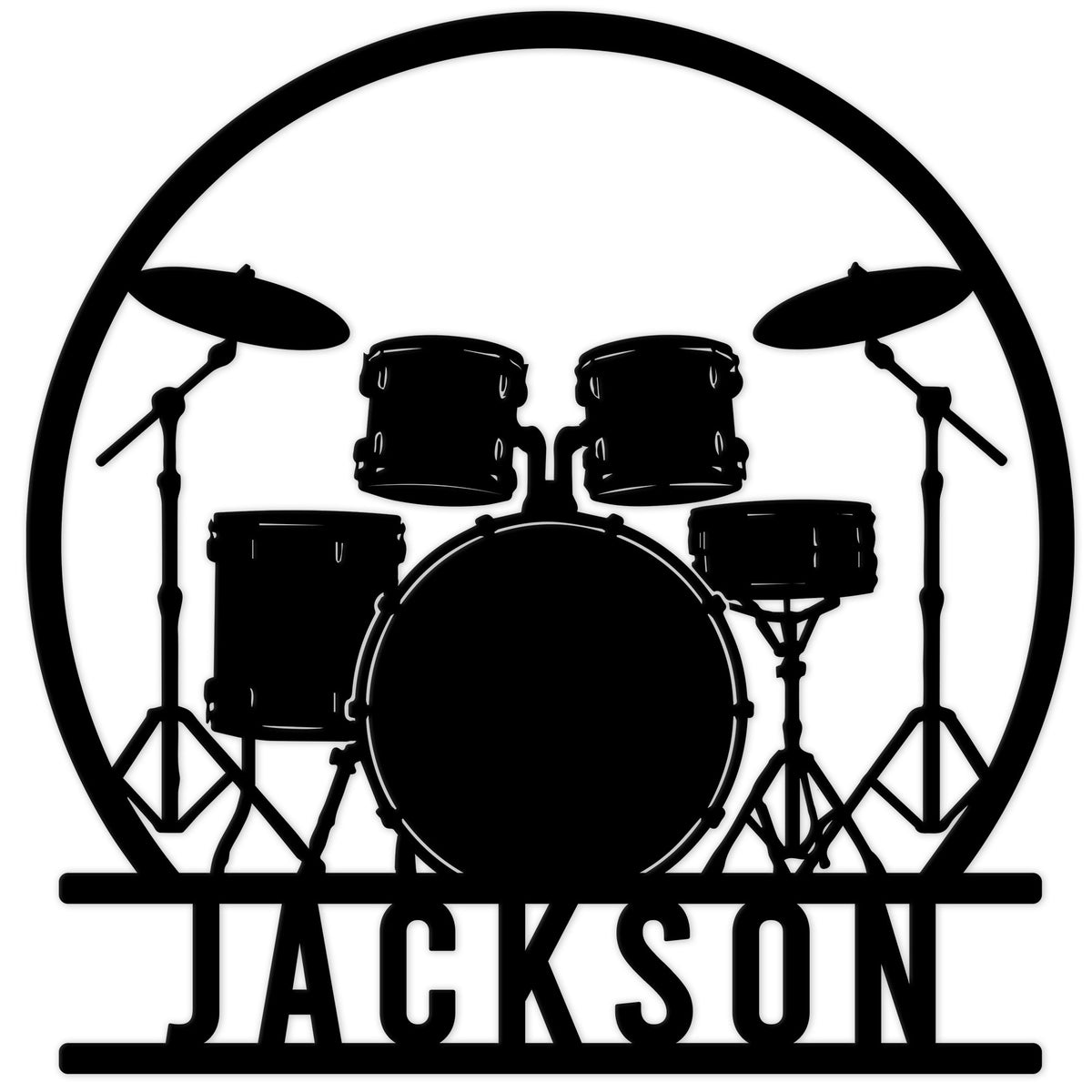 Custom drum set metal sign featuring a full drum kit silhouette in a circular frame
