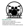 Drum kit metal sign feature graphic highlighting the cut metal design and display details