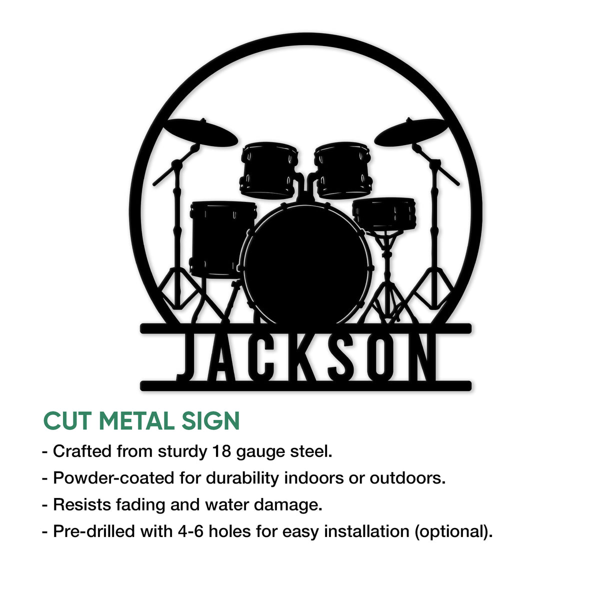 Drum kit metal sign feature graphic highlighting the cut metal design and display details