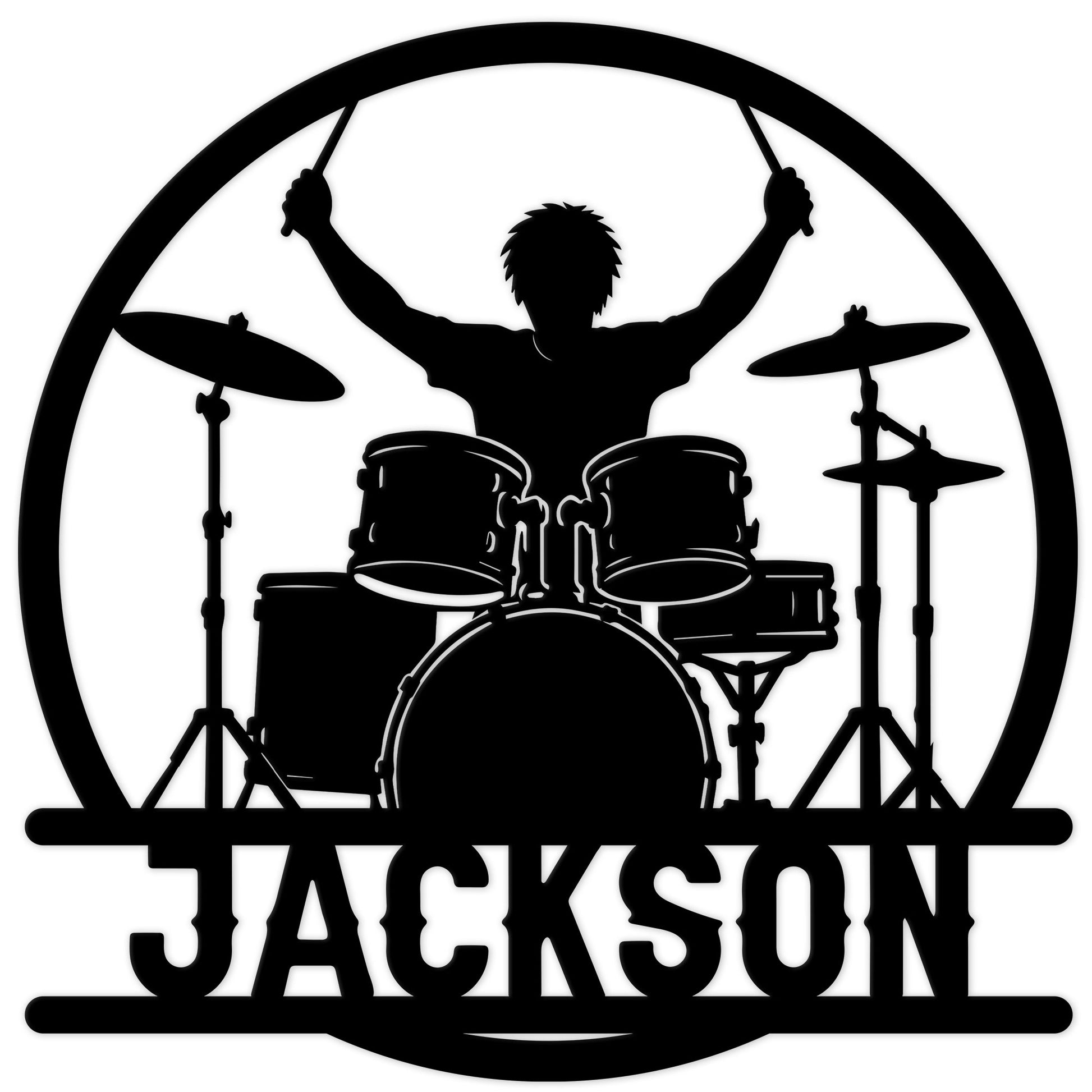 Drummer metal sign featuring a silhouetted musician playing a full drum kit inside a circular frame
