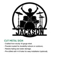 Drummer cut metal sign shown in a product feature infographic with installation and finish details