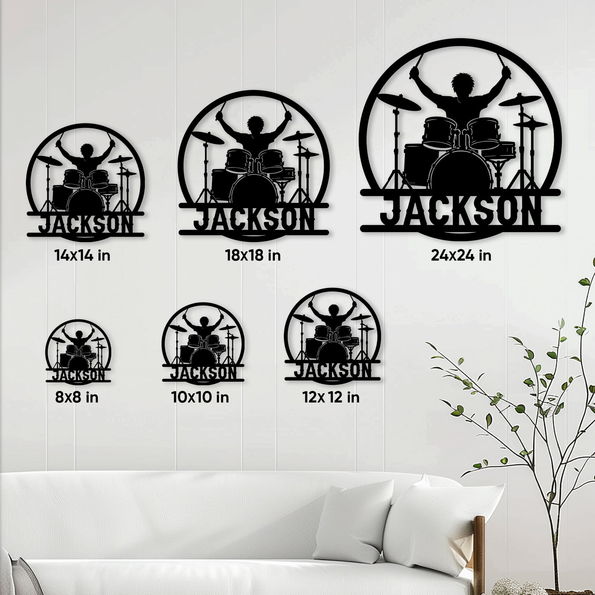 Drummer metal sign size guide showing six square size options arranged on a living room wall