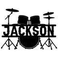 Custom drum kit metal sign featuring a bold silhouette of drums, cymbals, stands, and a strong center design