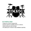 Drum set metal sign product infographic showing the cut metal artwork and indoor or outdoor display features