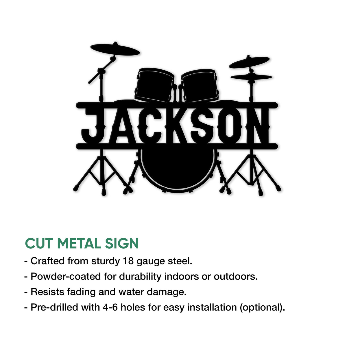 Drum set metal sign product infographic showing the cut metal artwork and indoor or outdoor display features