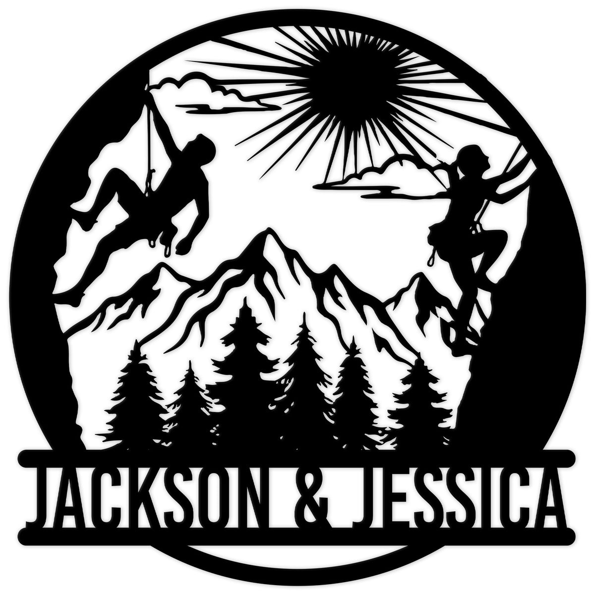 Rock climbing metal sign with two climbers silhouetted against mountains, pine trees, and a rising sun