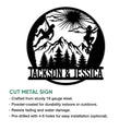 Rock climbing metal sign feature graphic showing a mountain climbing silhouette design and product presentation