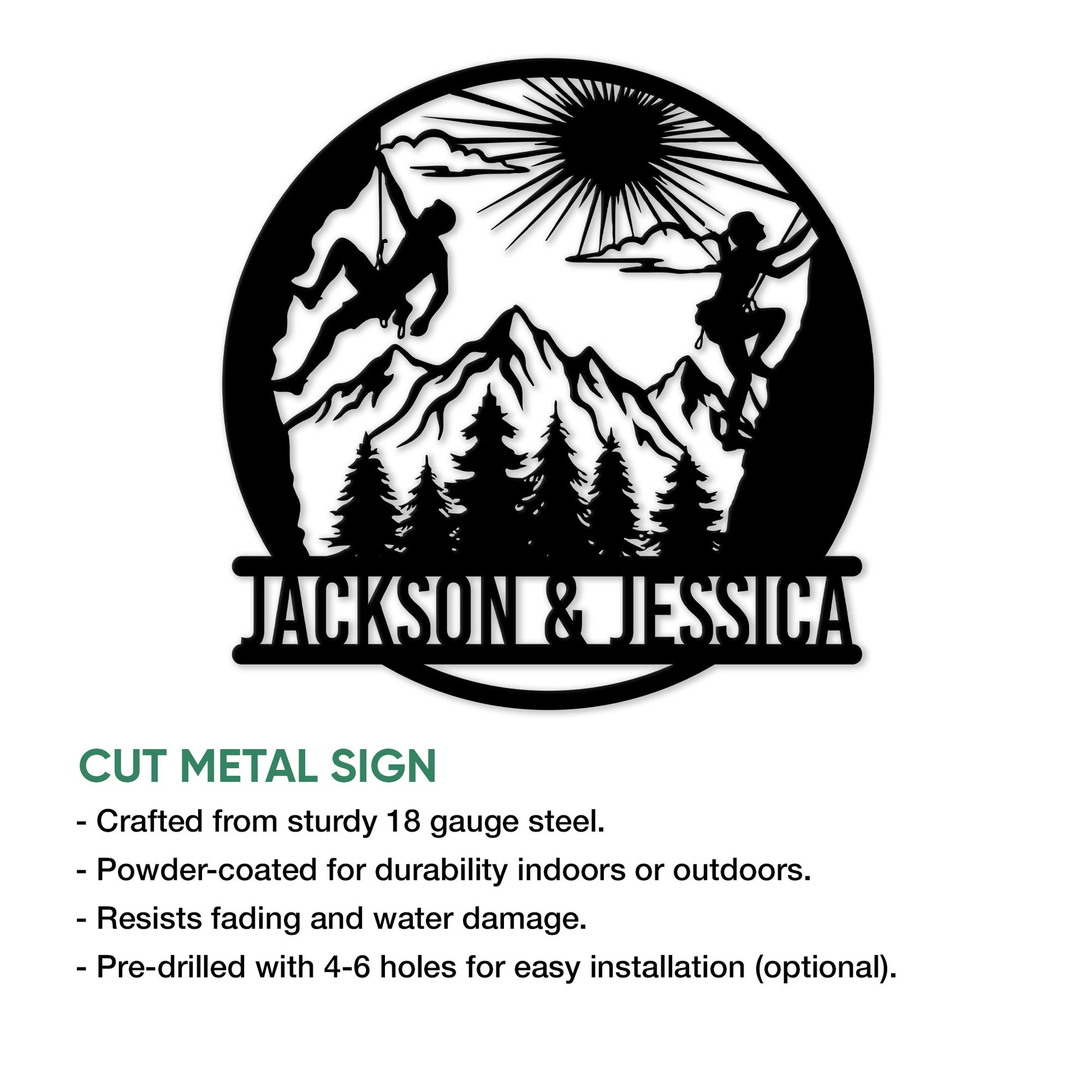 Rock climbing metal sign feature graphic showing a mountain climbing silhouette design and product presentation
