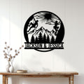 Rock climbing wall decor displayed on a white wood wall above a rustic console table