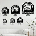 Rock climbing metal sign size guide showing several available square sizes in a home wall setting
