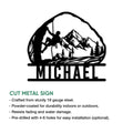 Rock climbing metal sign shown with a mountain climber silhouette and product feature information
