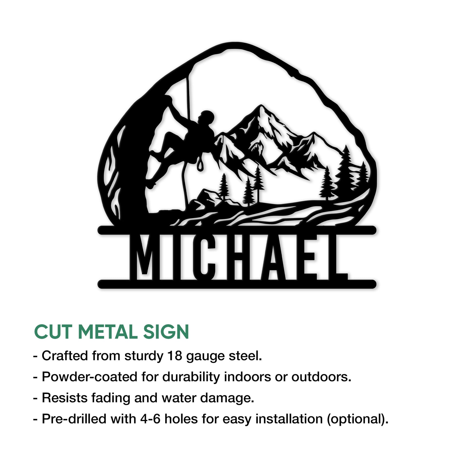 Rock climbing metal sign shown with a mountain climber silhouette and product feature information