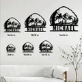 Rock climbing metal sign size guide showing several available square dimensions on a living room wall