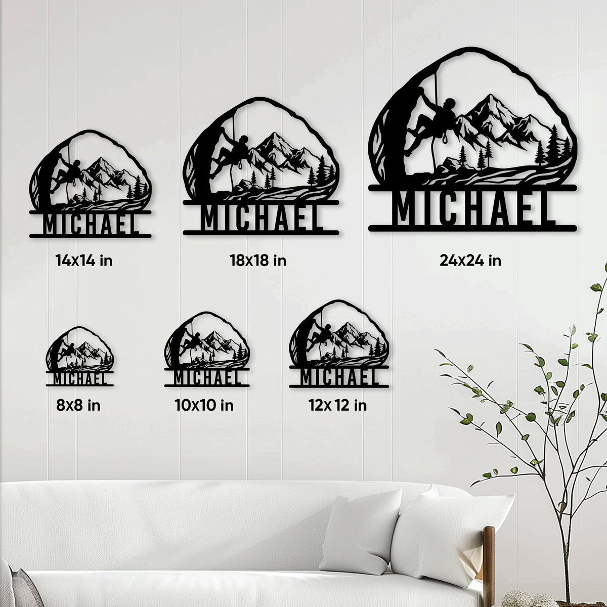 Rock climbing metal sign size guide showing several available square dimensions on a living room wall
