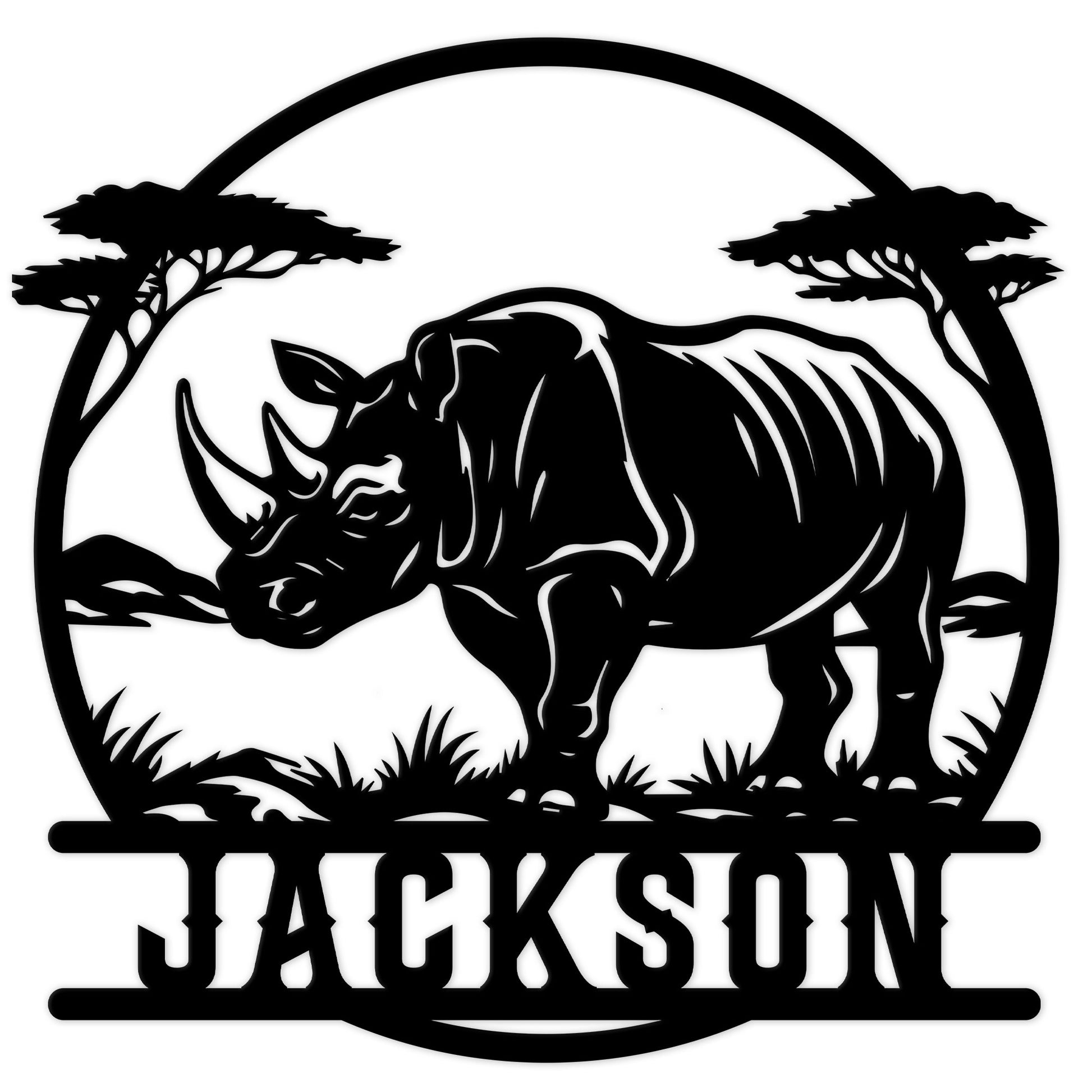 Custom rhino metal sign featuring a bold rhinoceros beneath acacia trees in a circular wildlife scene