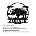 Rhino cut metal sign shown with a circular savanna design and product feature information