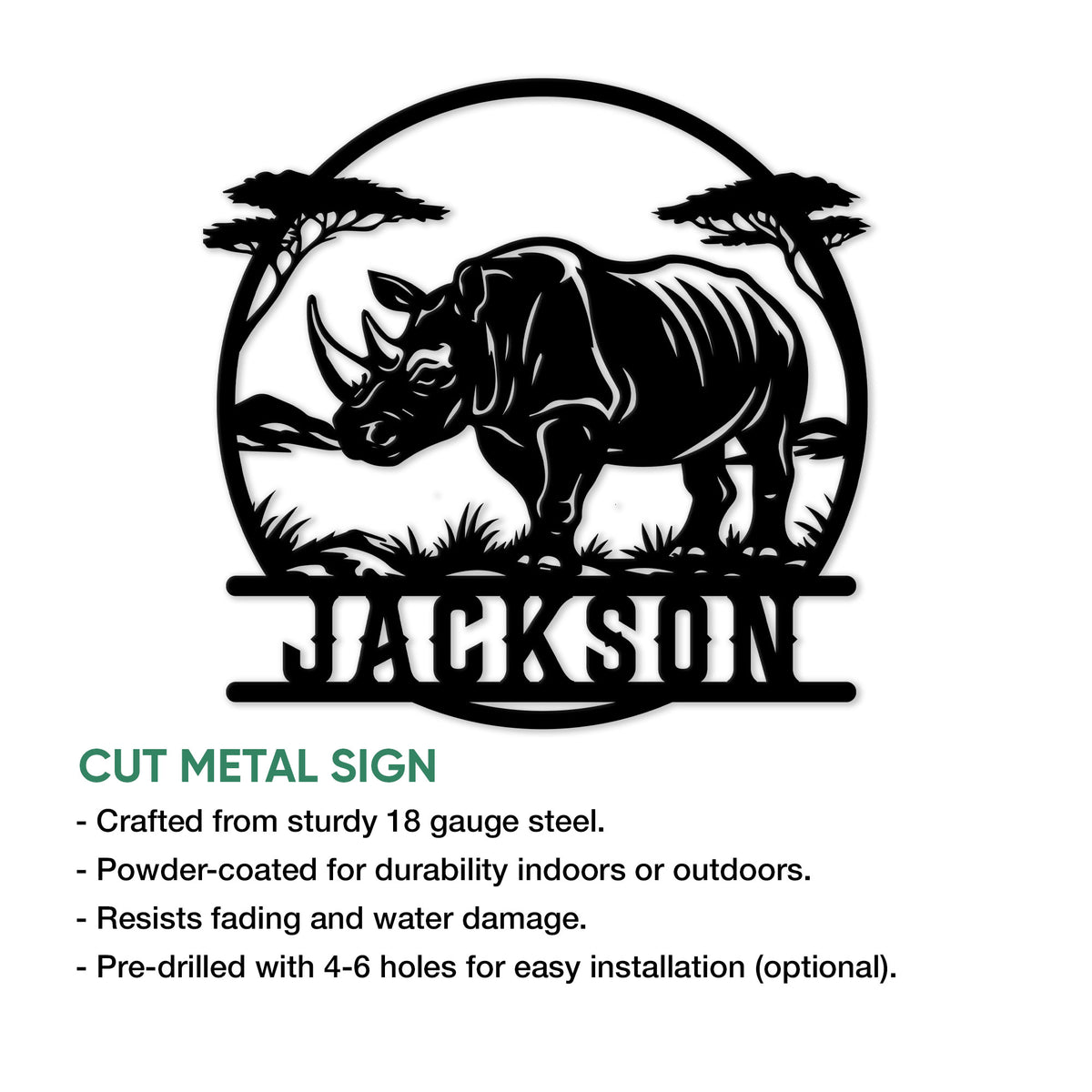 Rhino cut metal sign shown with a circular savanna design and product feature information